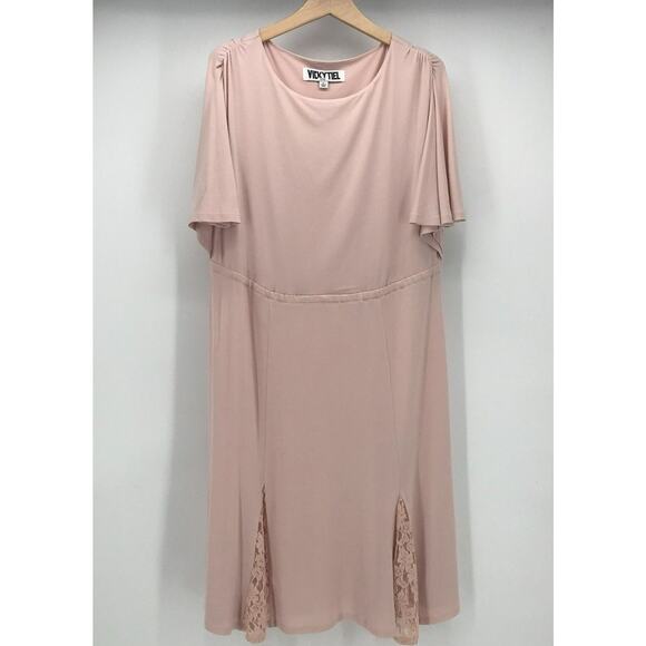 Vicky Tiel Dress Womens XL Pink Sheath Flutter Short Sleeve Flounce Hem Lace - Picture 1 of 7
